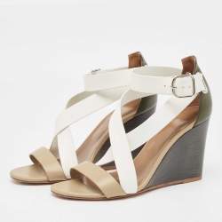 Hermes Tricolor Leather Ankle Wrap Wedge Sandals Size 38.5