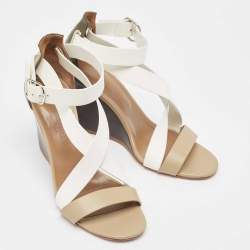 Hermes Tricolor Leather Ankle Wrap Wedge Sandals Size 38.5