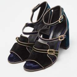 Pre Owned Hermès Multicolor Velvet Ankle Strap Block Heel Sandals Size 38.5