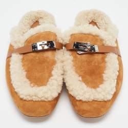 Hermes Light Brown Suede and Fur Oz Mules Size 40  
