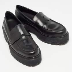 Hermes Black Leather Hitch H Logo Loafers Size 37
