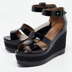 Pre Owned Hermes Black Patent Leather Ilana Espadrille Wedges Sandals Size 37