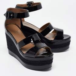Pre Owned Hermes Black Patent Leather Ilana Espadrille Wedges Sandals Size 37