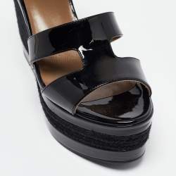 Pre Owned Hermes Black Patent Leather Ilana Espadrille Wedges Sandals Size 37