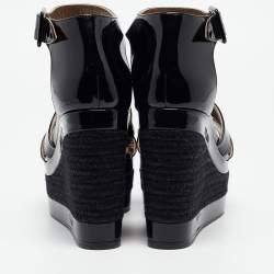 Pre Owned Hermes Black Patent Leather Ilana Espadrille Wedges Sandals Size 37