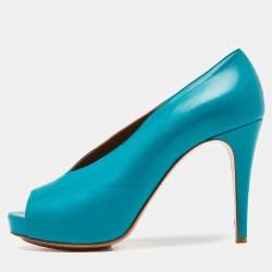 Pre Owned Hermes Blue Leather V-Neck Peep Toe Platform Pumps Size 38