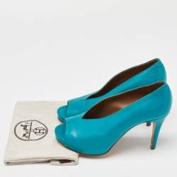 Pre Owned Hermes Blue Leather V-Neck Peep Toe Platform Pumps Size 38