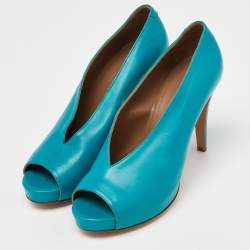 Pre Owned Hermes Blue Leather V-Neck Peep Toe Platform Pumps Size 38