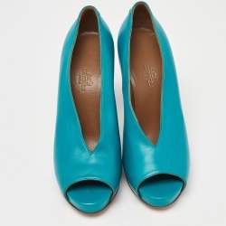 Pre Owned Hermes Blue Leather V-Neck Peep Toe Platform Pumps Size 38