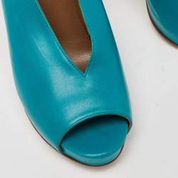 Pre Owned Hermes Blue Leather V-Neck Peep Toe Platform Pumps Size 38