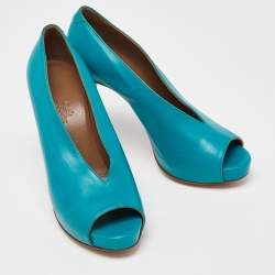 Pre Owned Hermes Blue Leather V-Neck Peep Toe Platform Pumps Size 38