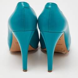 Pre Owned Hermes Blue Leather V-Neck Peep Toe Platform Pumps Size 38