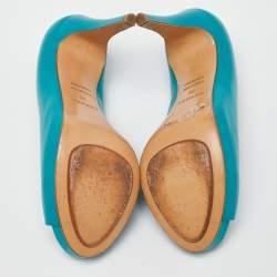 Pre Owned Hermes Blue Leather V-Neck Peep Toe Platform Pumps Size 38