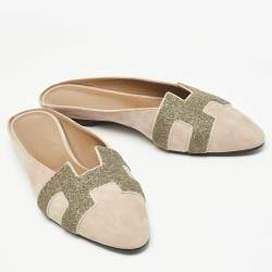Hermes Beige Suede Roxane Flat Mules Size 37.5