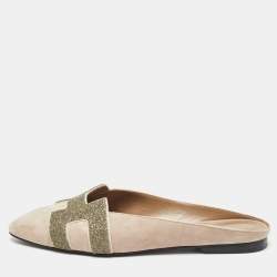 Hermes Beige Suede Roxane Flat Mules Size 37.5