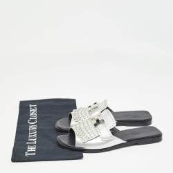 Hermes Silver Leather Auteuil Fringe Detail Studded Flat Slides Size 37
