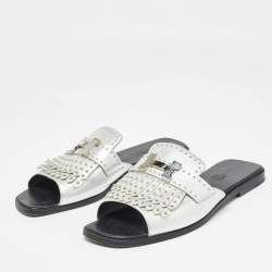 Hermes Silver Leather Auteuil Fringe Detail Studded Flat Slides Size 37