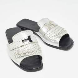 Hermes Silver Leather Auteuil Fringe Detail Studded Flat Slides Size 37