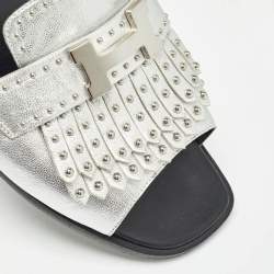 Hermes Silver Leather Auteuil Fringe Detail Studded Flat Slides Size 37