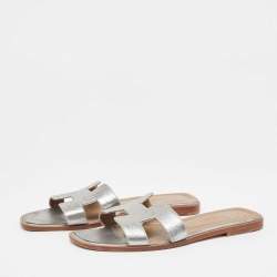 Hermes Sliver Leather Oran Flat Slides Size 39 