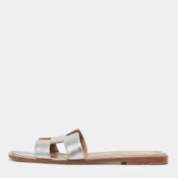 Hermes Sliver Leather Oran Flat Slides Size 39 