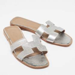 Hermes Sliver Leather Oran Flat Slides Size 39 