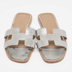 Hermes Sliver Leather Oran Flat Slides Size 39 