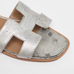 Hermes Sliver Leather Oran Flat Slides Size 39 