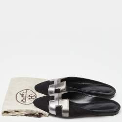Hermes Black Suede and Leather Roxane Flat Mules Size 38