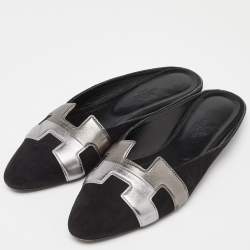 Hermes Black Suede and Leather Roxane Flat Mules Size 38