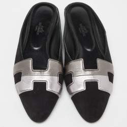 Hermes Black Suede and Leather Roxane Flat Mules Size 38