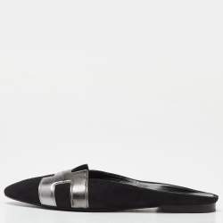 Hermes Black Suede and Leather Roxane Flat Mules Size 38