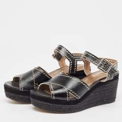 Pre Owned Hermes Black Leather Wedge Ankle Strap Sandals Size 40