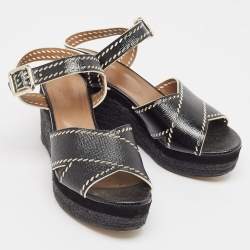 Pre Owned Hermes Black Leather Wedge Ankle Strap Sandals Size 40