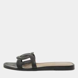 Hermes Black Leather Omaha Flat Slides Size 39.5