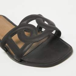 Hermes Black Leather Omaha Flat Slides Size 39.5