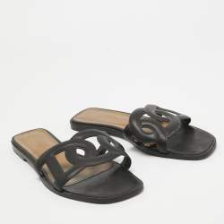 Hermes Black Leather Omaha Flat Slides Size 39.5