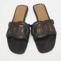 Hermes Black Leather Omaha Flat Slides Size 39.5