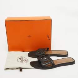 Hermes Black Leather Omaha Flat Slides Size 39.5