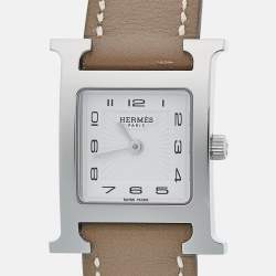 Hermes White Stainless Steel Leather Heure H HH1.210 Women's Wristwatch 21 mm