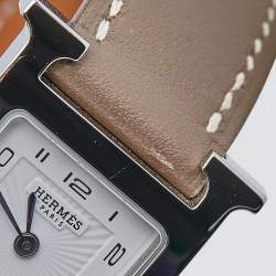 Hermes White Stainless Steel Leather Heure H HH1.210 Women's Wristwatch 21 mm