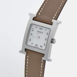 Hermes White Stainless Steel Leather Heure H HH1.210 Women's Wristwatch 21 mm