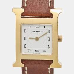 Hermes White Yellow Gold Plated Stainless Steel Leather Heure H W036734WW00 Women's Wristwatch 21 mm 