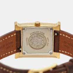 Hermes White Yellow Gold Plated Stainless Steel Leather Heure H W036734WW00 Women's Wristwatch 21 mm 