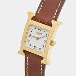 Hermes White Yellow Gold Plated Stainless Steel Leather Heure H W036734WW00 Women's Wristwatch 21 mm 