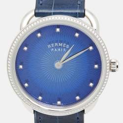 Hermes Blue Diamond Stainless Steel Alligator Arceau Soleil AR5.330 Women's Wristwatch 36 mm