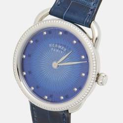 Hermes Blue Diamond Stainless Steel Alligator Arceau Soleil AR5.330 Women's Wristwatch 36 mm