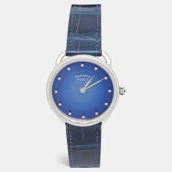 Hermes Blue Diamond Stainless Steel Alligator Arceau Soleil AR5.330 Women's Wristwatch 36 mm
