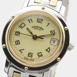 Hermes Beige Yellow Gold Plated Stainless Steel Clipper CL4.220 Quartz Women's Wristwatch 24 mm