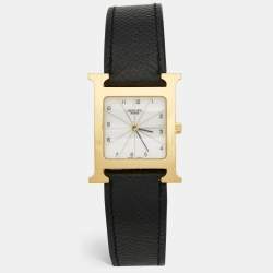 Hermes White Yellow Gold Plated Stainless Steel Leather Heure H HH1.510 Women's Wristwatch 26 mm